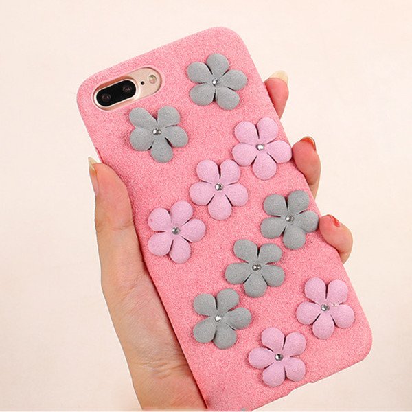 Wholesale iPhone 7 Plus Jewel Flower Fuzzy Plush Case (Hot Pink)